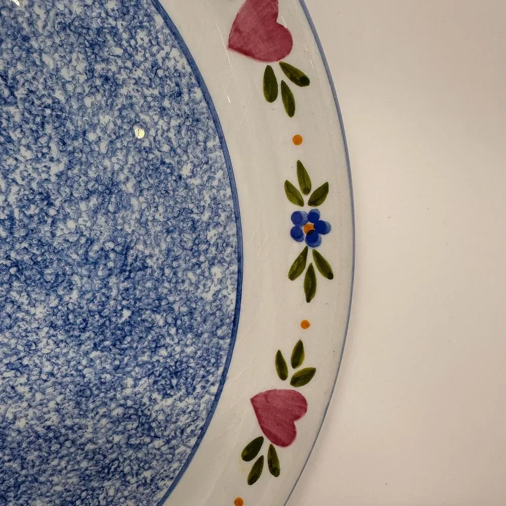 R B Bernarda Vtg Platter Round Heart Flower Trim Blue Sponged Center Portugal